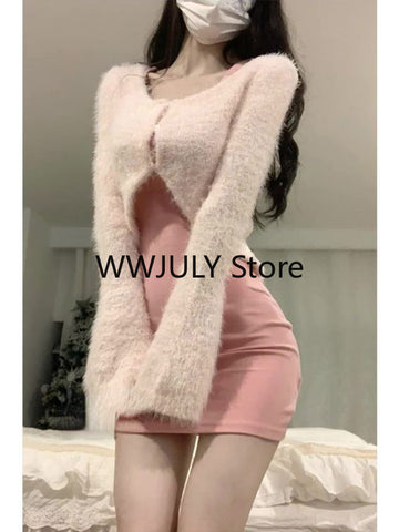 Sonicelife Autumn Sexy Strap Y2k Mini Dress Sets Women Pink Sweet Sweater Tops Elegant Bodycon Slim 2 Piece Skirt Dress Korean Fashion 2025