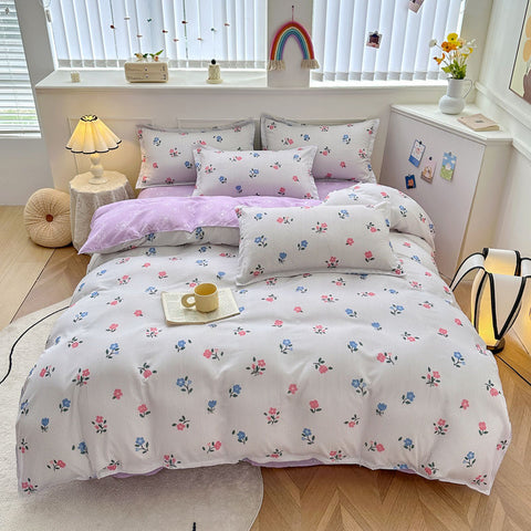 Sonicelife White Pink Bedding Set Ins Floral Twin Queen Size Duvet Cover Flat Sheet Pillowcase No Filler Girl Boy Home Dormitory Bed Linens