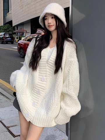 Sonicelife Lazy Wind Streetwear Cardigan Sweaters Women Oversize Long Sleeve Vintage Knitted Coat Fall Loose Korean Casual V Neck Tops