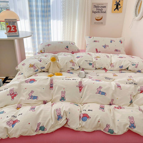 Sonicelife Ins Korean Cartoon Little Bear Cute Bedding Set Autumn Winter Polyester Bed Sheet Pillowcase Twin Full Queen Size Quilt Cover