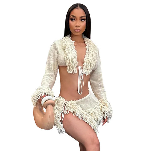 Sonicelife Sexy Women 2 Piece Knitted Tassel Sweater Cardigan Split Skirts Sets Ripped Knit Lace-up Crop Tops Mini Skirts Two Piece Outfits