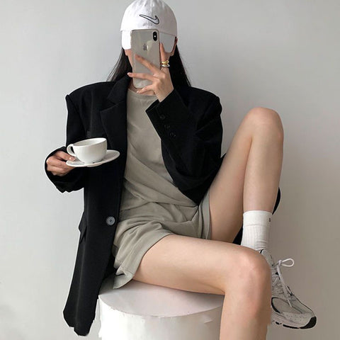 Sonicelife Gray Suit Jacket Women Autumn New Loose Long Sleeve Fashion Coat Chic Basic Simple Korean Office Ladies High Street Jacket
