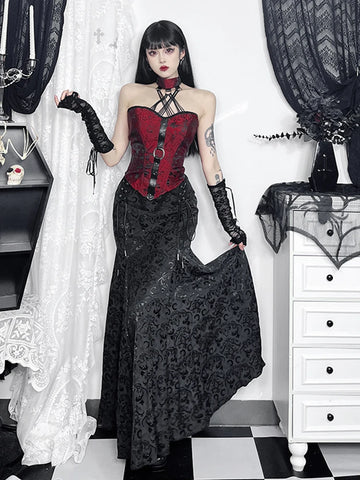 Sonicelife Mall Gothic Velevt Halloween Camisole Women Streetwear Vintage Jacquard Pu Patchwork Hollow Out Halter Crop Tank Tops