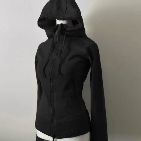 Sonicelife Grey Lamb Wool Double Zipper Hoodies Women's Clothes Slim Waist Hooded Vintage Y2k Coats Ropa Mujer Casual Fashion Sweatshirts
