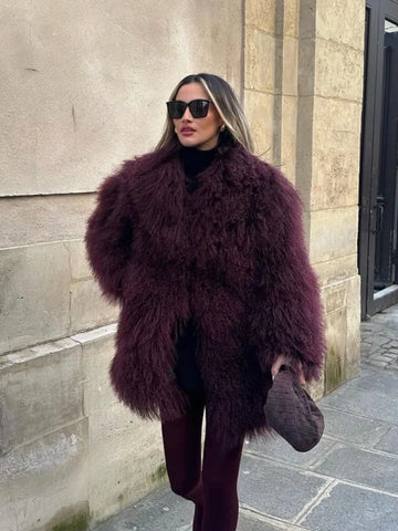 christmas outfit Sonicelife Women's Fashion Wine Red Furry Faux Fur Warm Coat 2024 New Thicken Fluffy Plush Loose Trendy Jacket Winter Chic Lady Outerwear