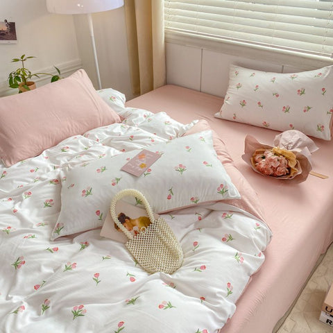 Sonicelife Romantic Tulip Pink Bedding Set Bed Flat Sheet Pillowcase Twin Full Queen Princess Style Bed Linen Kids Girls Floral Duvet Cover