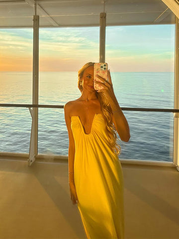 Sonicelife Sexy Loose V Neck Off-the-shoulder Long Dress Elegant Yellow Sleeveless Backless Pleated Dresses New Lady Vacation Beach Vestido