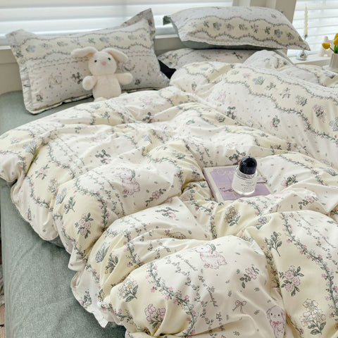 Sonicelife Green Floral Bedding Set No Filler Ins Twin Queen Duvet Cover Flat Sheet Pillowcase Girls Adults Fashion Comforter Cover