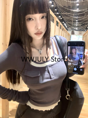 Sonicelife Korean Fashion Knitted Fake Two Tops Basic Slim Bodycon Sweater Blouse Outwear Design Long Sleeve Clothing 2025 Autumn Chic