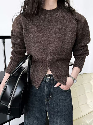 Sonicelife Retro Design Zipper Sweaters Women Casual Korean Loose Long Sleeve Knitted Pullovers Vintage Simple Solid Female Jumper Top
