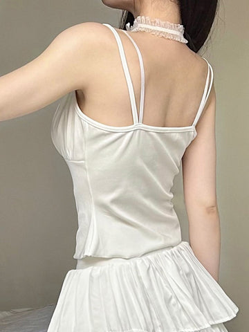 Sonicelife Fairycore Grunge Y2k White Camisole Women Sexy Pastel Goth Soft Sweet Cute Lace Patchwork Corset Crop Tank Tops Female