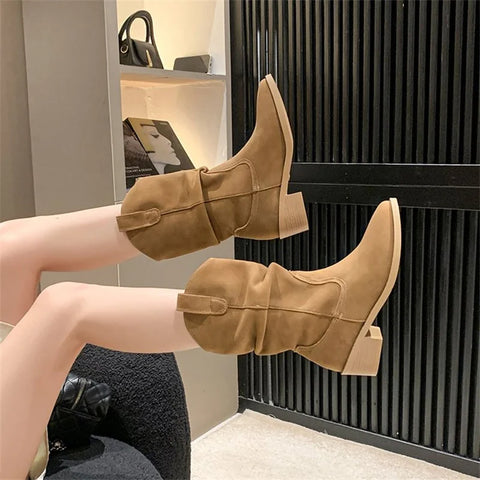 Sonicelife Suede pleated autumn thick heel plus medium heel long leg fashion boots 2025  retro but knee pile boots for women