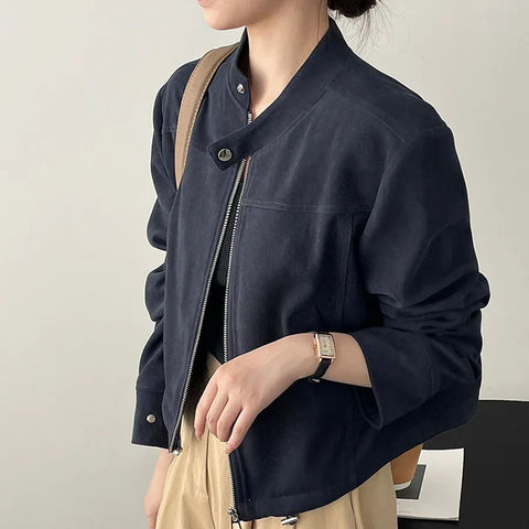 Sonicelife American Vintage Jacket Women Y2K Autumn Stand Collar Long Sleeve Zipper Short Coat Harajuku Streetwear All Match Motorcycle Top