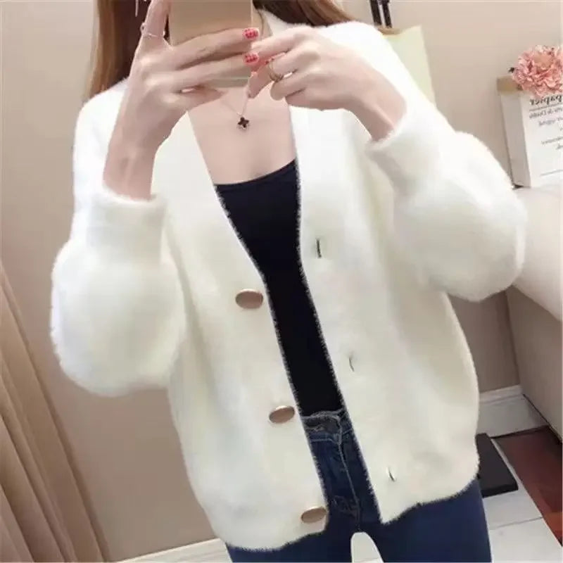 christmas outfit Sonicelife 2025 Spring and Autumn Women's New Fashion Commuter Mink Fleece Cardigan Coat Loose Korean Short Comfortable Versatile Sweater