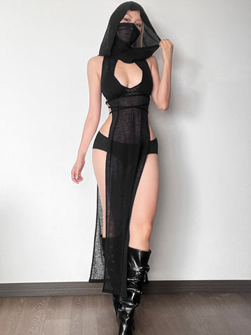 Sonicelife Coquette Dark Gothic Sexy Dress Women Vintage Y2k Cyberpunk See Through Cut Out Split High Waist Knitted Hooded Dress