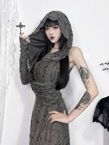 Sonicelife Desert Punk Midi Dress Women Mall Goth Streetwear Harajuku Y2k E-girl Cyber Hooded Dress Vintage Hipster Casual Dress