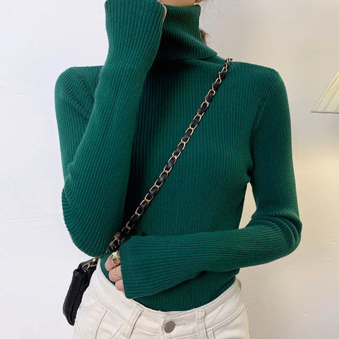 Black Friday Sonicelife Zoki Autumn Fashion Women Turtleneck Sweater Korean Long Sleeve Simple Basic Slim Elastic Jumper Solid Screw Thread Elegant Tops