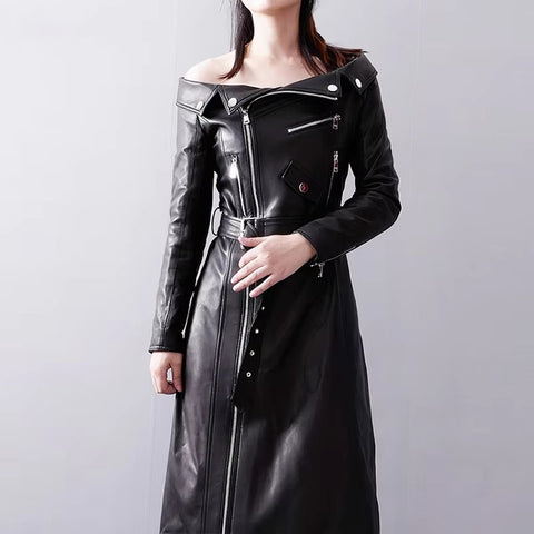 christmas outfit Sonicelife Spring Autumn Black Pu Leather Maxi Biker Dress Women Zipper Belt Elegant Luxury Designer Off Shoulder Clothes 2025