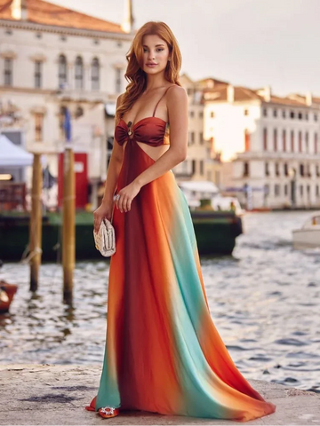 Sonicelife Sexy Print Colorful Hollow Out Pleat Maxi Dress Women Fashion Open Back Sling A-line Robes 2025 New Holiday Lady Summer Dresses