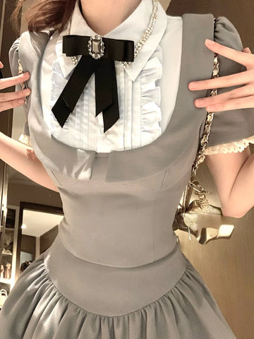 Sonicelife Preppy Style Grey 2 Piece Set Summer Women Korean Fashion Y2k Crop Tops High Waist Kawaii Slim Mini Skirt Hot Girls 2000s