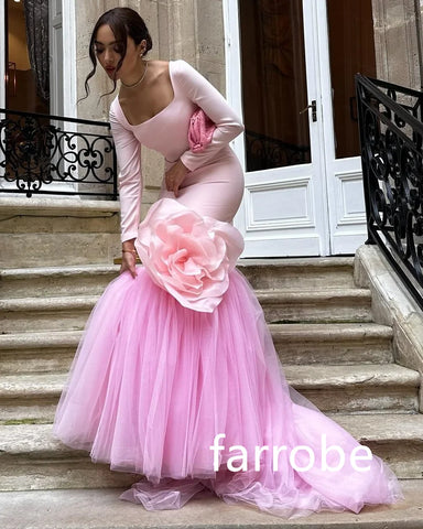 Sonicelife Customized Exquisite Jersey Pleat Flower Mermaid Square Neck Long Dresses Bespoke Occasion Dresses Modern Style Pastrol Chinese (PRE-ORDER)