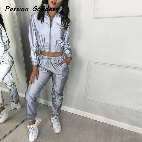 Sonicelife 2 Piece Women Reflective Tracksuits Sets Outfits Luminous Loose Drawstring Jackets High Waist Sweatpants Leisure Jogger Suit 3XL