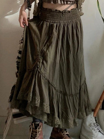 Sonicelife-Smocked Ruched Asymmetric Hem High Waist Maxi Skirt