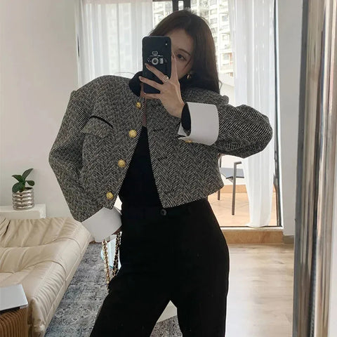 Sonicelife Vintage Striped Y2k Jacket Women Streetwear Long Sleeve Casual Tweed Short Suit Coat American Retro Stander Collar Tops New