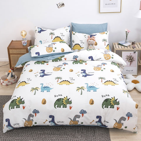 Sonicelife Kawaii Kids Bedding Set Soft Cotton Flat Fitted Sheet Duvet Cover Pillowcases Single Queen Cartoon Boy Girls Dormitory Bed Linen