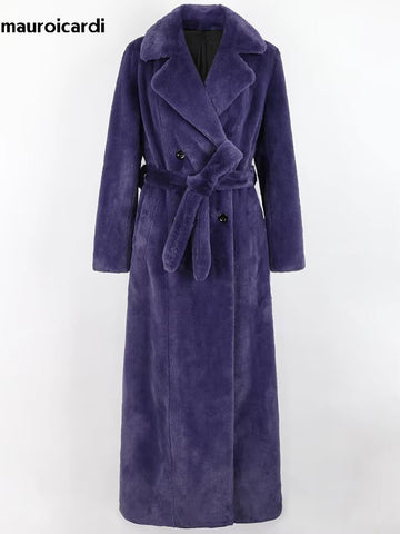 christmas outfit Sonicelife Nerazzurri Autumn Winter Extra Long Purple Thick Warm Faux Rex Rabbit Fur Coat Women Floor Length Luxury Elegant Fluffy Overcoat