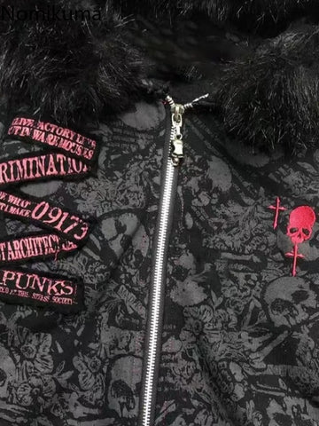 Sonicelife Korean Hoodie Women Clothes Skull Embroidery Punk Sweatshirts Y2k Tops 2025 Ropa Mujer Cat Ear Hooded Skull Zipper Hoodies Coats
