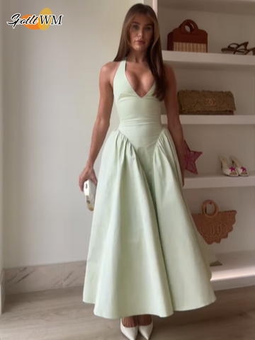 Sonicelife Elegant V Neck Green Long Dresses Women Fashion High Waist A-line Halter Midi Vestidos New Summer Lady Evening Party Dress 2025