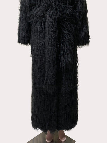 christmas outfit Sonicelife Winter Extra Long Black Thick Warm Shaggy Fluffy Fuzzy Faux Fur Coat Women Sashes Luxury Elegant Maxi Furry Overcoat