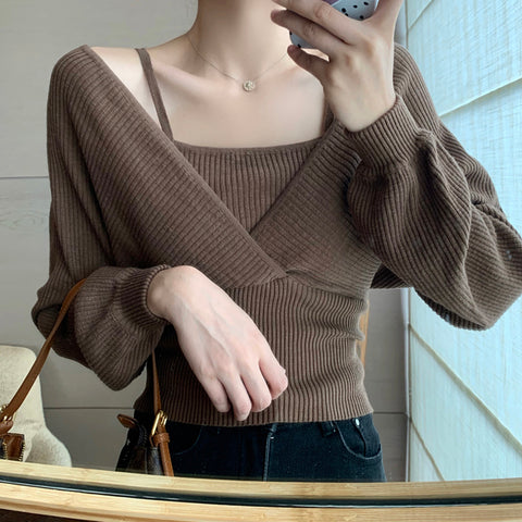 Black Friday Sonicelife Autumn Fake Two-Piece Sweater Women Knitted Solid Slim Long-Sleeved Pullover Fashion Casual Sweet Pretty Style Female Tops