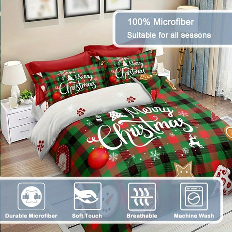 Sonicelife 3-Piece Christmas Theme Duvet Cover Set - Soft, Breathable, Comfortable Bedding with Vibrant Tree, Gingerbread Man, and Snowflak