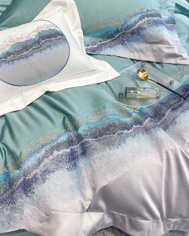 Sonicelife Long staple cotton mountain and sea embroidery four piece set of pure cotton simple contrasting color bedding