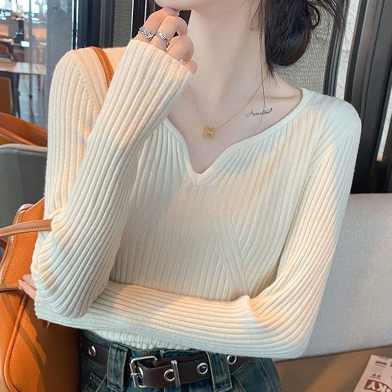 Black Friday Sonicelife Korean Elegant Sweater Women Knitted Apricot Autumn Winter Slim Basic Pullover Long Sleeve V-Neck Solid Female Chic Jumpers