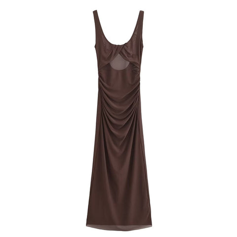 Sonicelife Women's Pleated Backless Dress Monochromatic Sexy Commuter Temperament Fashion New Monochromatic