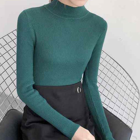 Sonicelife Mock Neck Women Sweater Vintage Basic Solid Knitted Tops Casual Slim Pullover Autumn Winter Korean Tops Simple Chic Jumpers