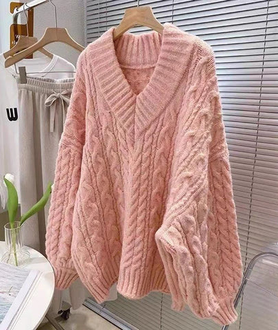 Black Friday Sonicelife Lantern Sleeve Knit Sweater Women Korean Solid Twist V-Neck Fall Winter Warm Pullover Fashion Loose Casual Pretty Style Jumpers