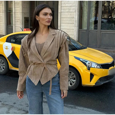 christmas outfit Sonicelife Women High Street Leather Jacket 2025 Autumn Winter Versatile Brown Long Sleeves V-neck Lace-up Coats Causal Chic Female Outwear