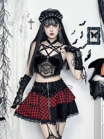 Sonicelife Y2k Harajuku Goth Skirt Women Vintage Emo Alternative Grunge Plaid Patchwork Lace Trim High Waist A-line Skirt Clubwear