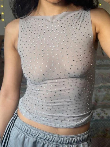 Sonicelife Rhinestone Sheer Mesh Tank Top