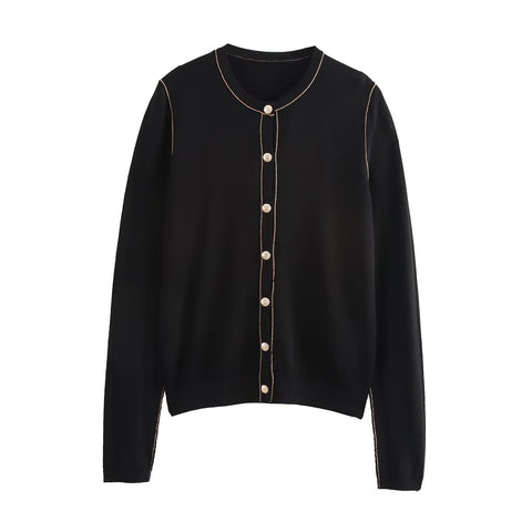 Sonicelife Women's Knitted Cardigan Round Neck Color Contrast Single Breasted Decorated Commuter Temperament Casual Long-Sleeved New