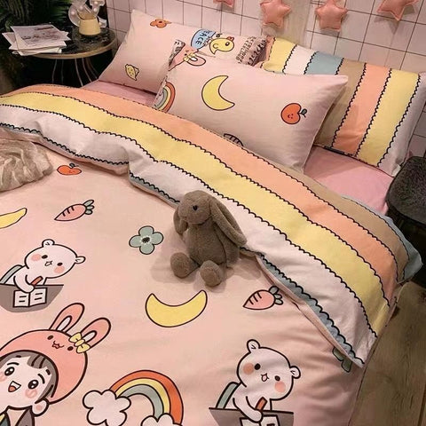 Sonicelife Korean Style Cartoon Sheep Bedding Set Girls Kids Twin Full Queen Size Bed Flat Sheet Duvet Cover Pillowcases Bed Linen Kawaii