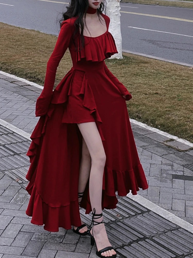 Sonicelife Summer Red Vintage Elegant Dress Women Flare Sleeve Designer Sweet Long Dress Female Ruffles Retro Princess Irregular Dress 2025