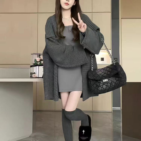 Sonicelife Lazy Wind Streetwear Cardigan Sweaters Women Retro Oversize Long Sleeve Casual Knitted Coat Harajuku Loose Fall Grey Tops