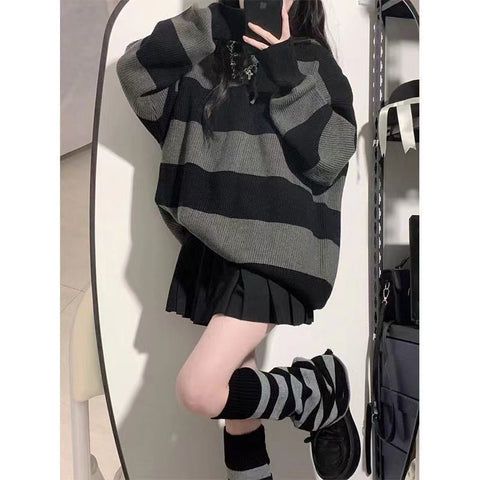 Sonicelife Streetwear Striped Sweater Women Oversized Knitted Pullovers Harajuku Korean Loose Knitwear Winter Fashion Casual Jumpers New