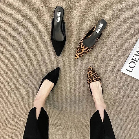 Sonicelife Women Slippers Pointed Toe Leopard Design Shallow Slip on Thin Low Heels Black Flock Design Casual Mules Loafers Black Outdoor