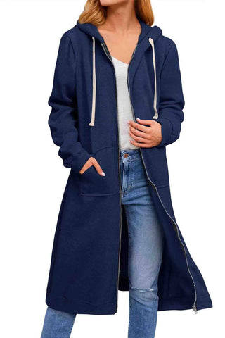 Sonicelife Solid Zip Up Drawstring Hooded Long Cardigan